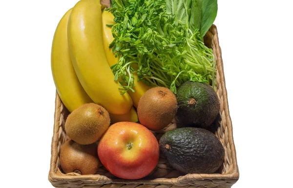 Čerstvá Zelenina Ovoce Košíku Jako Banány Kiwi Pšeničné Klíčky Avokádo — Stock fotografie