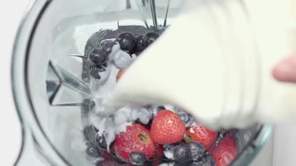 Milch Den Beeren Für Den Milchshake Mixer Hinzufügen Ansicht Von — Stockvideo