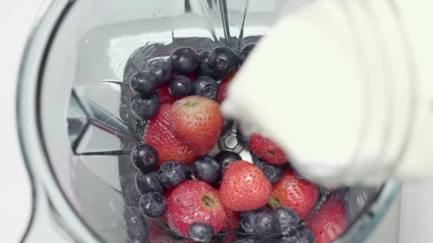 Milch Den Beeren Für Den Milchshake Mixer Hinzufügen Ansicht Von — Stockvideo