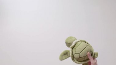 Çocuk bir yumuşak yeşil kaplumbağa oyuncakla oynar. Part_04. Çocuğun el oyuncak closeup ile.