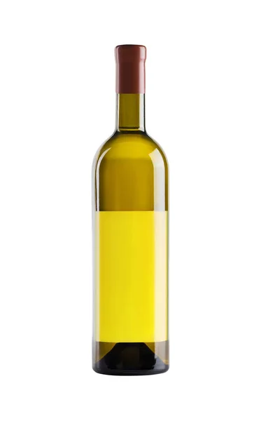 Vino Bianco Bottiglia Vetro Giallo Con Etichetta Gialla Bianca Fondo — Foto Stock