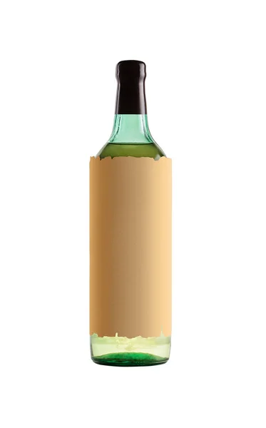 Vino Blanco Botella Vidrio Con Etiqueta Papel Blanco Sobre Fondo — Foto de Stock