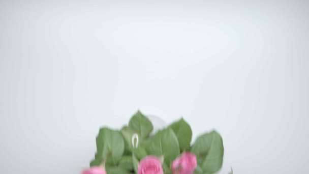 Les Mains Des Femmes Repèrent Bouquet Roses Sur Table — Video