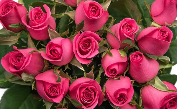 Masanın üzerine pembe gül buketi. Yakın çekim.