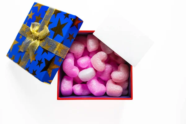Gift Present Box Filler Golden Ribbon Greeting Card White Background — Stock Photo, Image