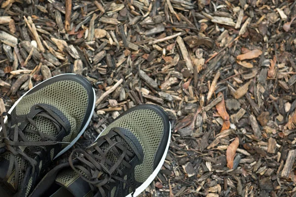 Pair of man sport shoes on wood chips texture background