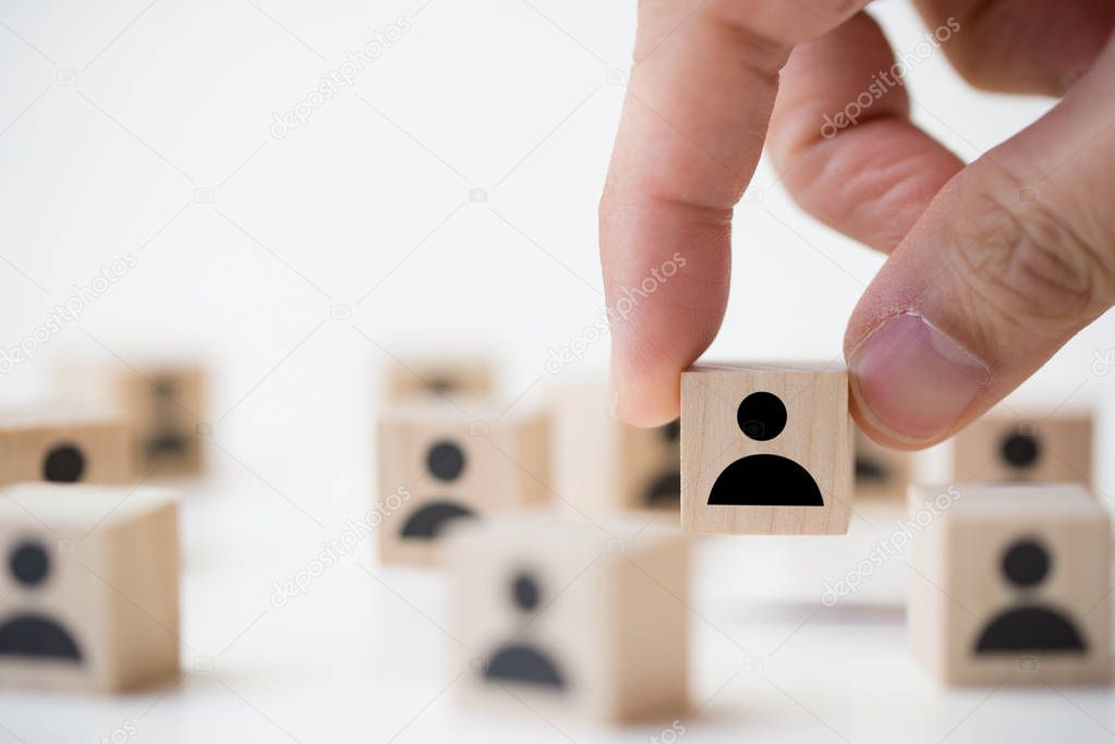 Job recruitment concept using icon people wood cube block