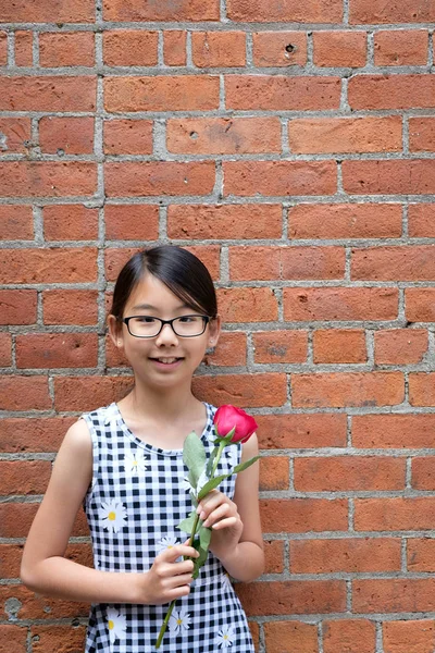 Portré fiatal ázsiai lány vörös rózsa virág vörös téglafal ellen — Stock Fotó