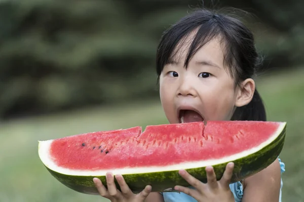 정원에서 수 박으로 행복 한 어린 소녀 — 스톡 사진