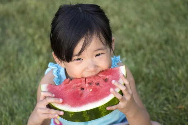 Lycklig liten flicka med vattenmelon i en trädgård — Stockfoto