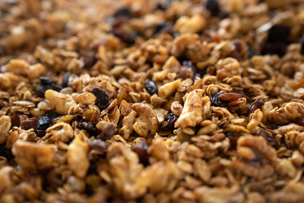 Granola cereal con avena, semillas de calabaza, nueces y pasas — Foto de Stock