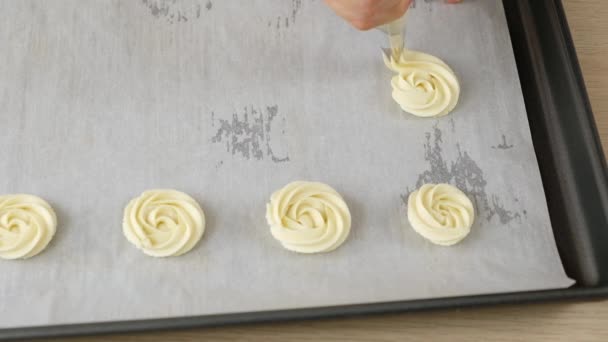 Hands piping chocolate cookies on baking tray Video Clip