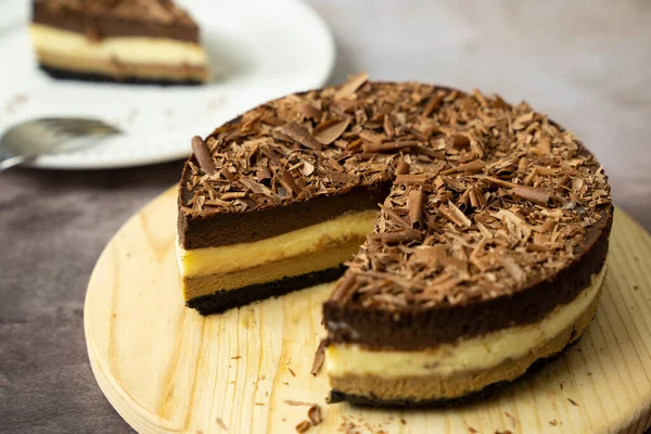 Triple chocolate layers baked cheese cake — Stock Photo, Image