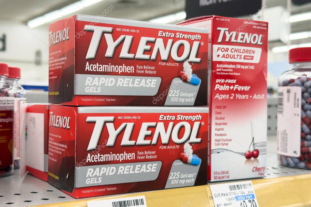 Novi, Michigan, USA - Sep 23, 2025: Boxes of Tylenol extra strength rapid release pain reliever and fever reducer neatly arranged on the shelves of a CVS retail pharmacy store.