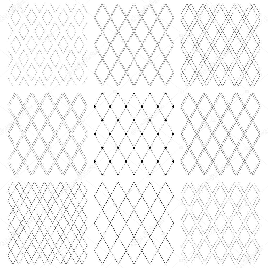 Set of seamless diamonds patterns. Geometric latticed textures. Vector art.