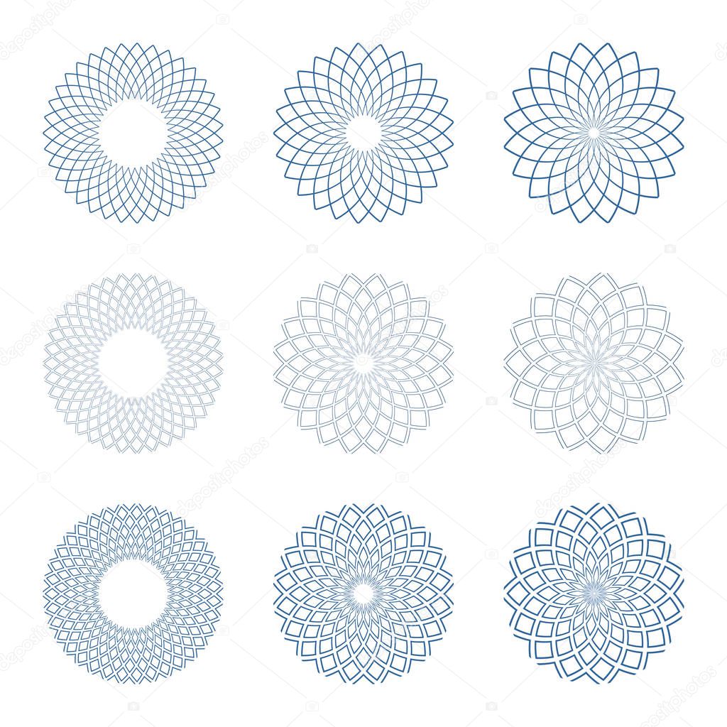 Design element set. Lines rotation circle patterns. Geometric shapes. Vector art.