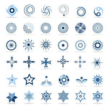 Tasarım öğeleri kümesi. Mavi renk soyut simgeler. Vektör sanat.