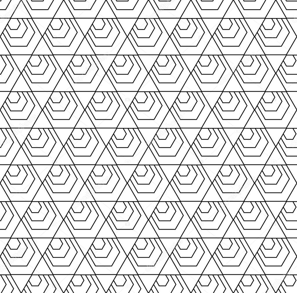 Seamless hexagons, diamonds and triangles pattern. Geometric line texture. Vector art.