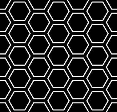 Sorunsuz altıgenler desen. Siyah ve beyaz geometrik doku ve arka plan. Vektör sanat.