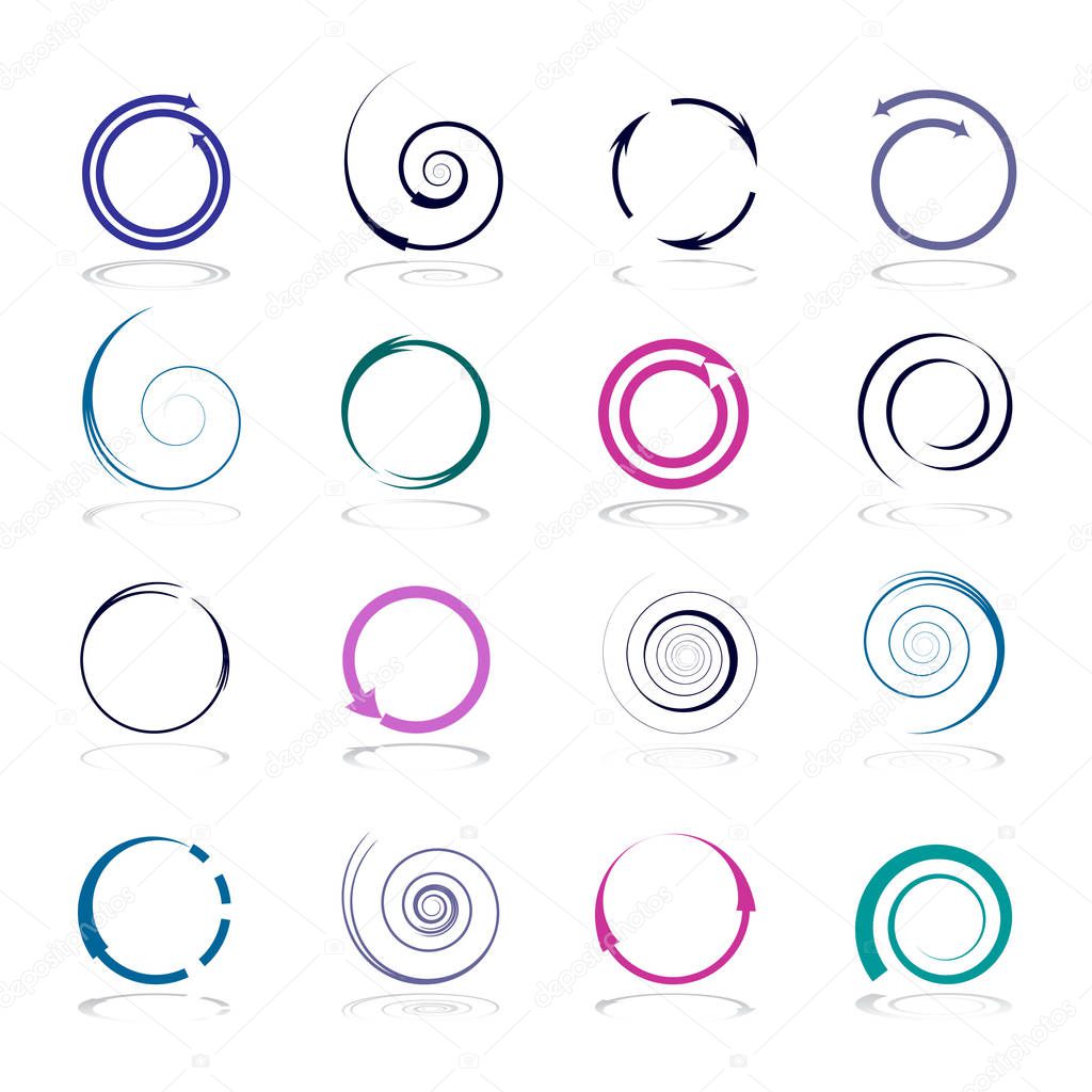 Circle and spiral design elements. Abstract color icons set. Vector art.