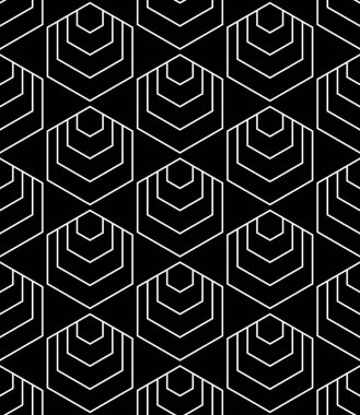 Sorunsuz altıgenler desen. Geometrik doku. Siyah arka plan, vektör sanat üzerine beyaz çizgi.