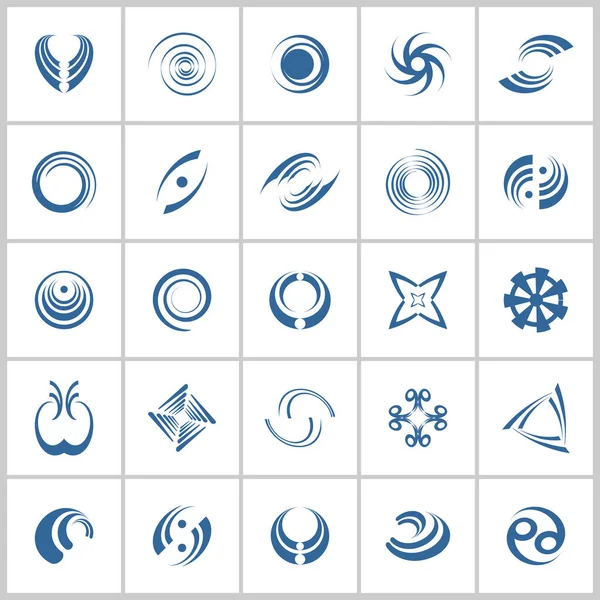 Set Elementi Design Icone Astratte Blu Cerchio Spirale Forme Rotazione — Vettoriale Stock