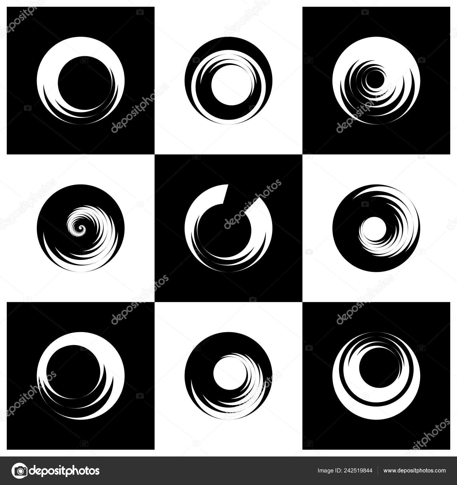 Circle design elements with spiral motion. Abstract black and wh
