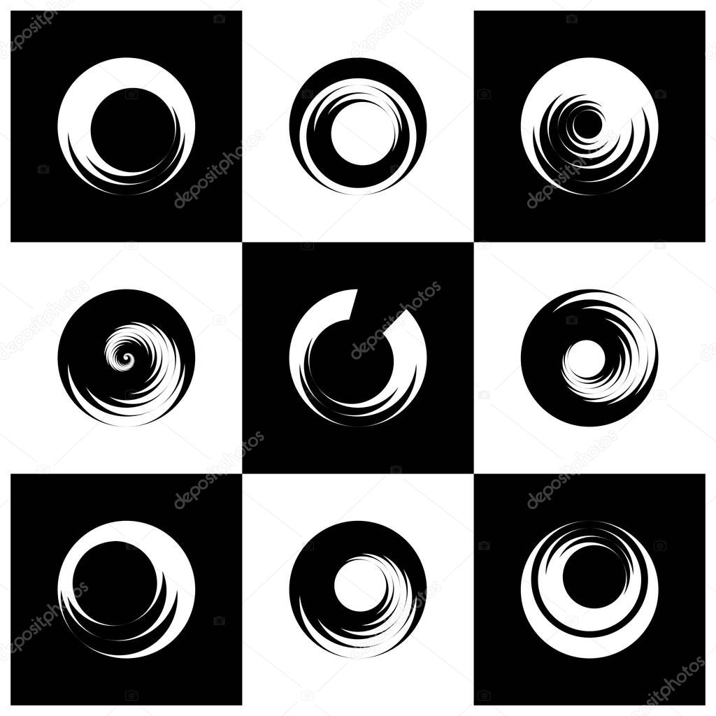 Circle design elements with spiral motion. Abstract black and white icons. Vector art.