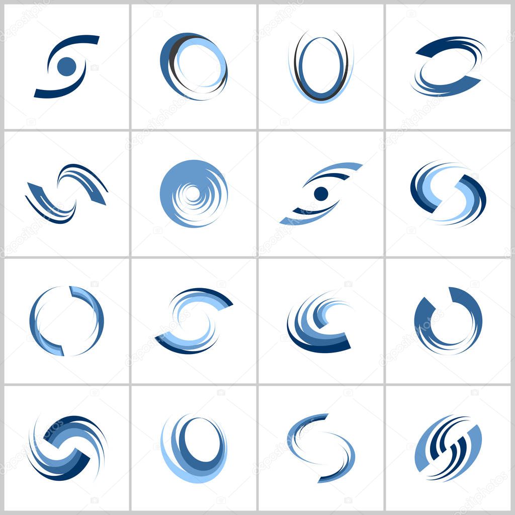 Design elements set. Rotation and spiral movement. Abstract blue icons. Vector art.