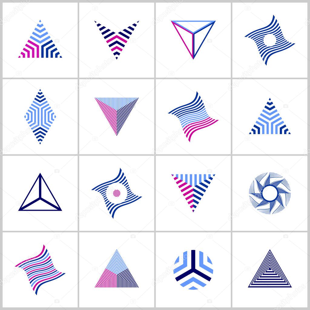 Design elements set. Triangle, circle, diamond shapes. Abstract striped geometric icons. Vector art. 