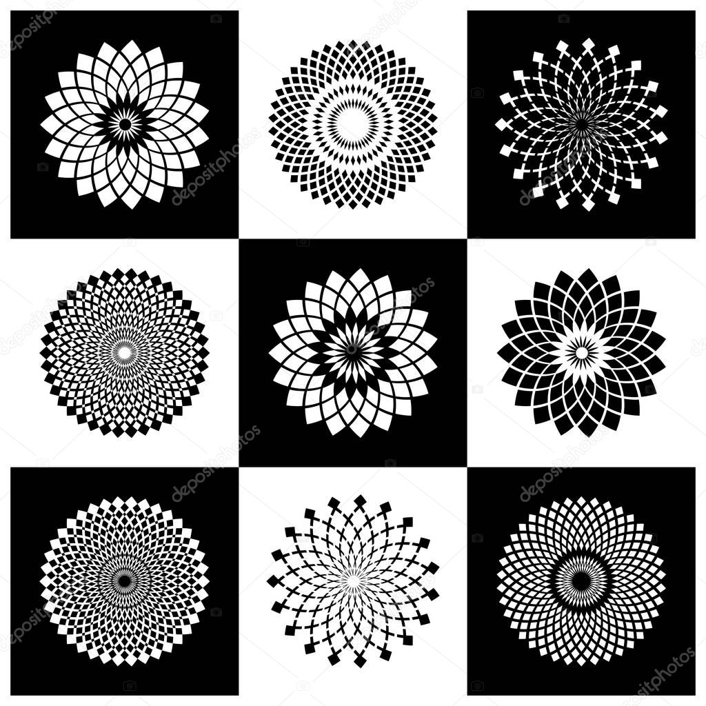 Circle design elements set. Abstract round geometric patterns. Vector art.
