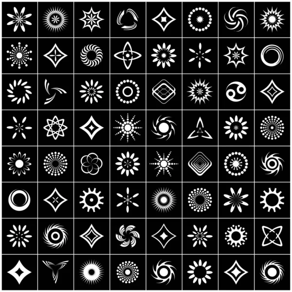 Elementos de diseño establecidos. 64 iconos blancos sobre fondo negro . — Archivo Imágenes Vectoriales
