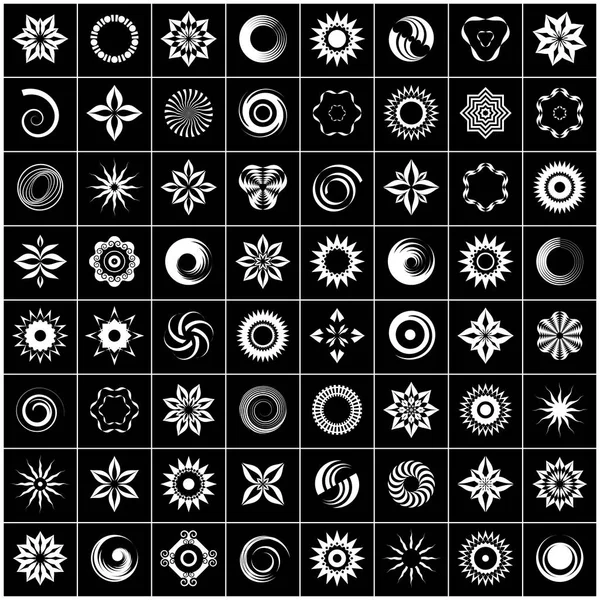 Design element uppsättning. 64 abstrakta vita ikoner på svart bakgrund. — Stock vektor