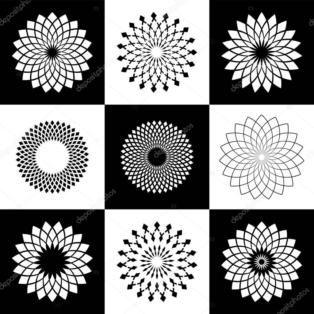 Design elements set. Abstract decorative geometric circle black and white icons. Vector art.