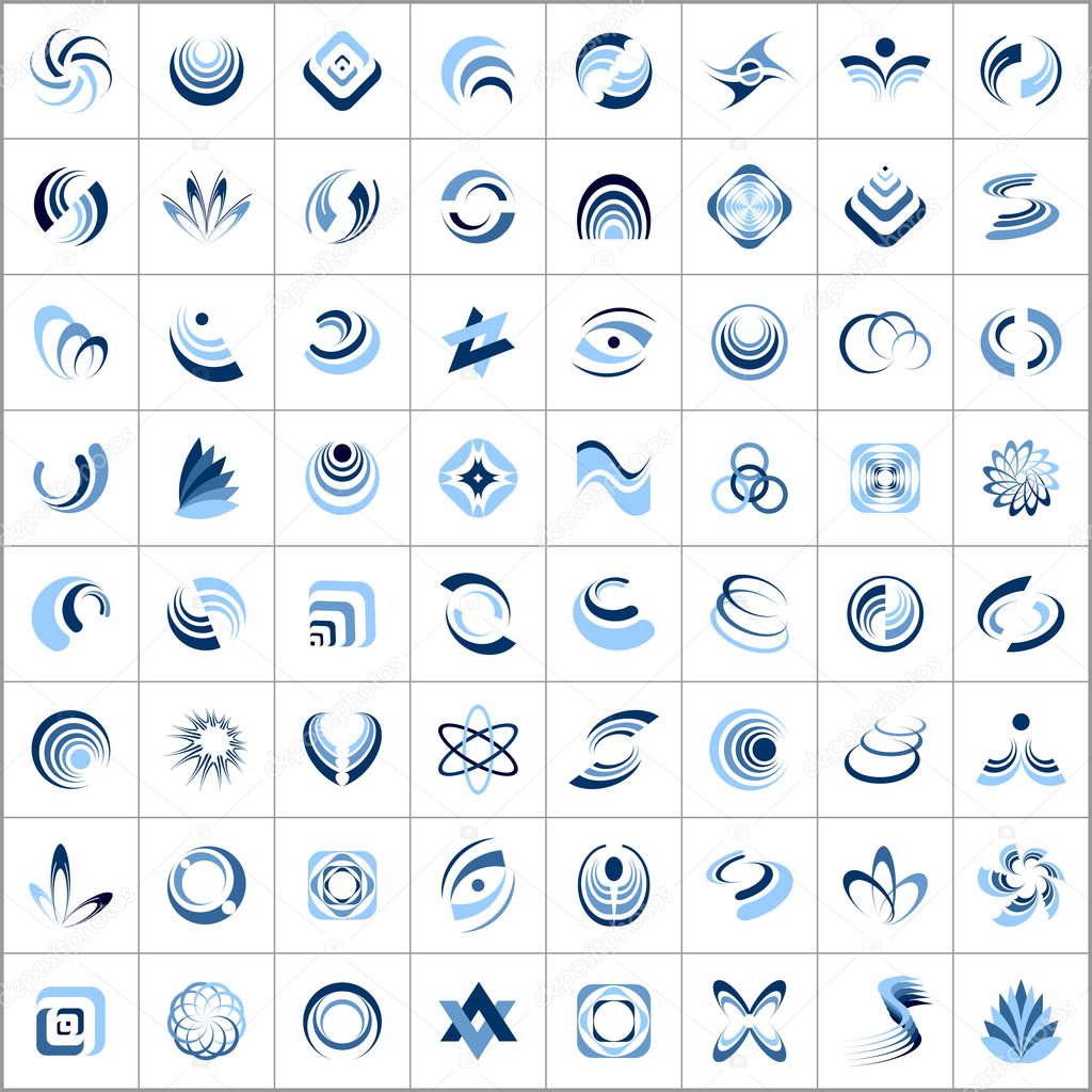 Design elements set. 64 abstract blue icons. Vector art.