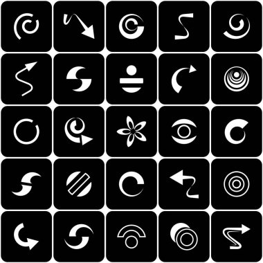 Tasarım elemanları ayarlandı. Siyah arkaplan üzerine beyaz geometrik simgeler. 