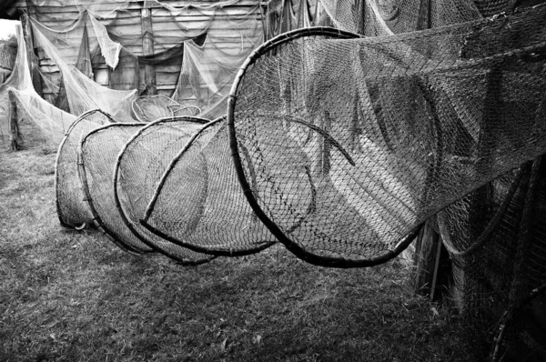 Old Fishing Nets Hanging Wooden Wall — Stock Photo, Image