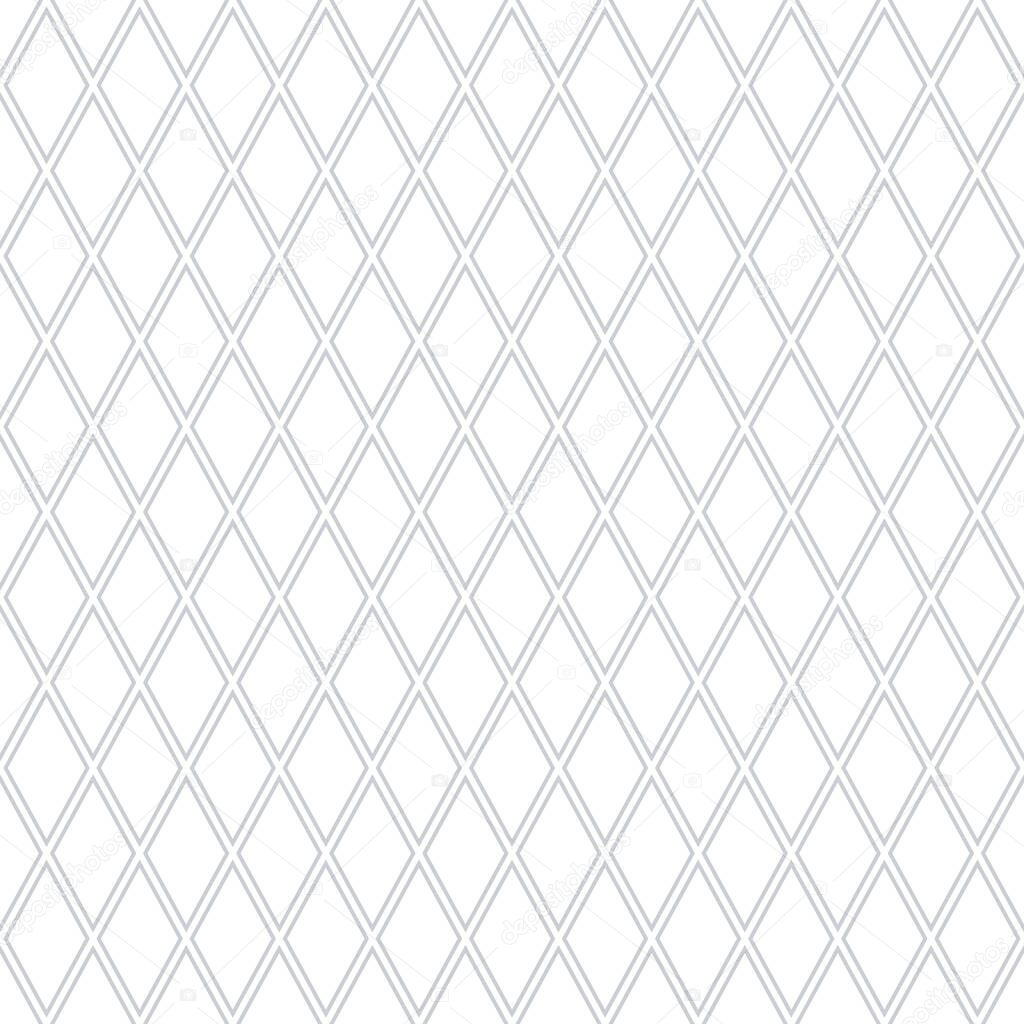 Seamless geometric diamonds net pattern. Grid light grey texture on white background. Vector art.