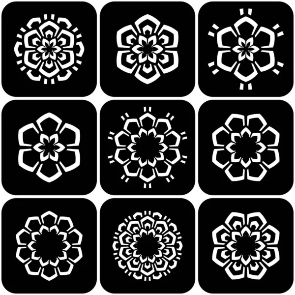 Gestaltungselemente Gesetzt Abstrakte Weiße Dekorative Florale Symbole Auf Schwarzem Hintergrund — Stockvektor