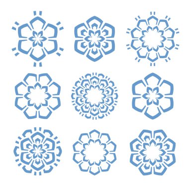 Tasarım elemanları ayarlandı. Soyut dekoratif mavi çiçek ikonları beyaz arkaplanda izole edilmiş. Vektör sanatı.