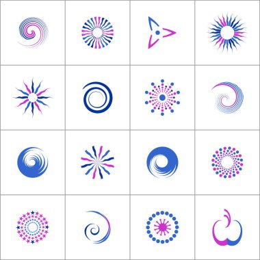 Tasarım elemanları ayarlandı. Soyut yıldız, güneş ve spiral şekilli ikonlar. Vektör sanatı.