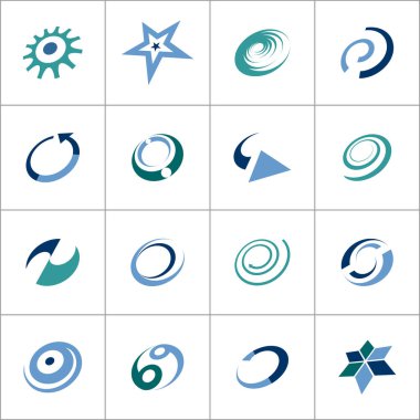 Soyut yıldız spiral oku ve daire şeklindeki tasarım elementleri. Soyut simgeler ayarlandı. Vektör sanatı.