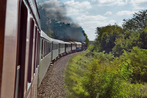 Tren yolculuğu ile buharlı lokomotif — Stok fotoğraf