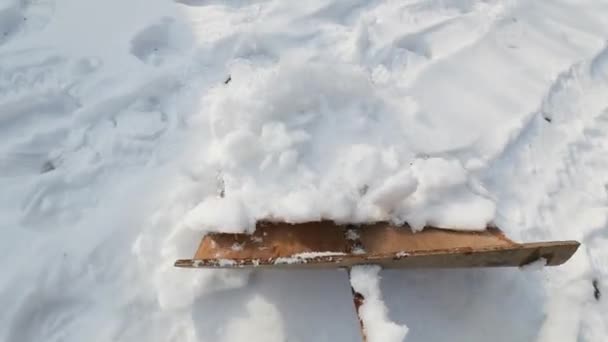 Skotta Snön Från Uppfarten Solig Vinterdag Slow Motion Från 120 — Stockvideo