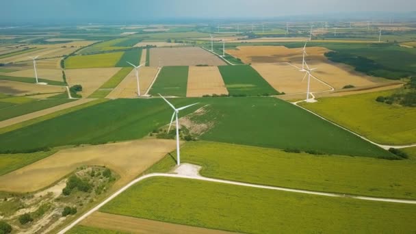 Wind tubines spinning, aerial footage — Stock Video