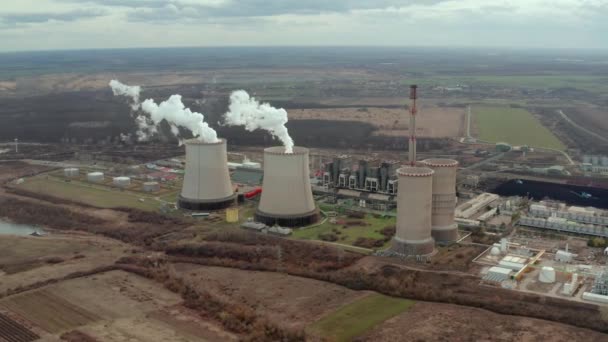 Power plant cooling tower aerial view — Stock Video