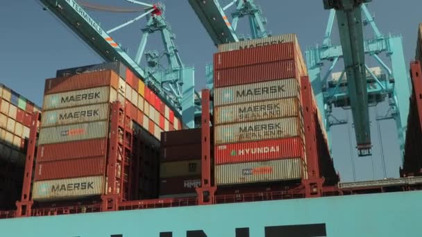 Containers op een enorm vrachtschip — Stockvideo