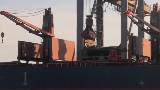 Разгрузка огромного угольного корабля — стоковое видео