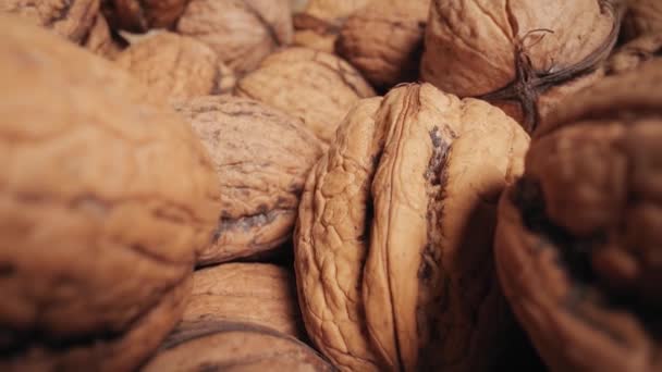 Nueces en una pila macro sonda lente cámara movimiento — Vídeo de stock