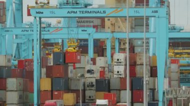 Yığınlanmış kargo konteynerleri, kamyonlardan boşaltılan vinçler.